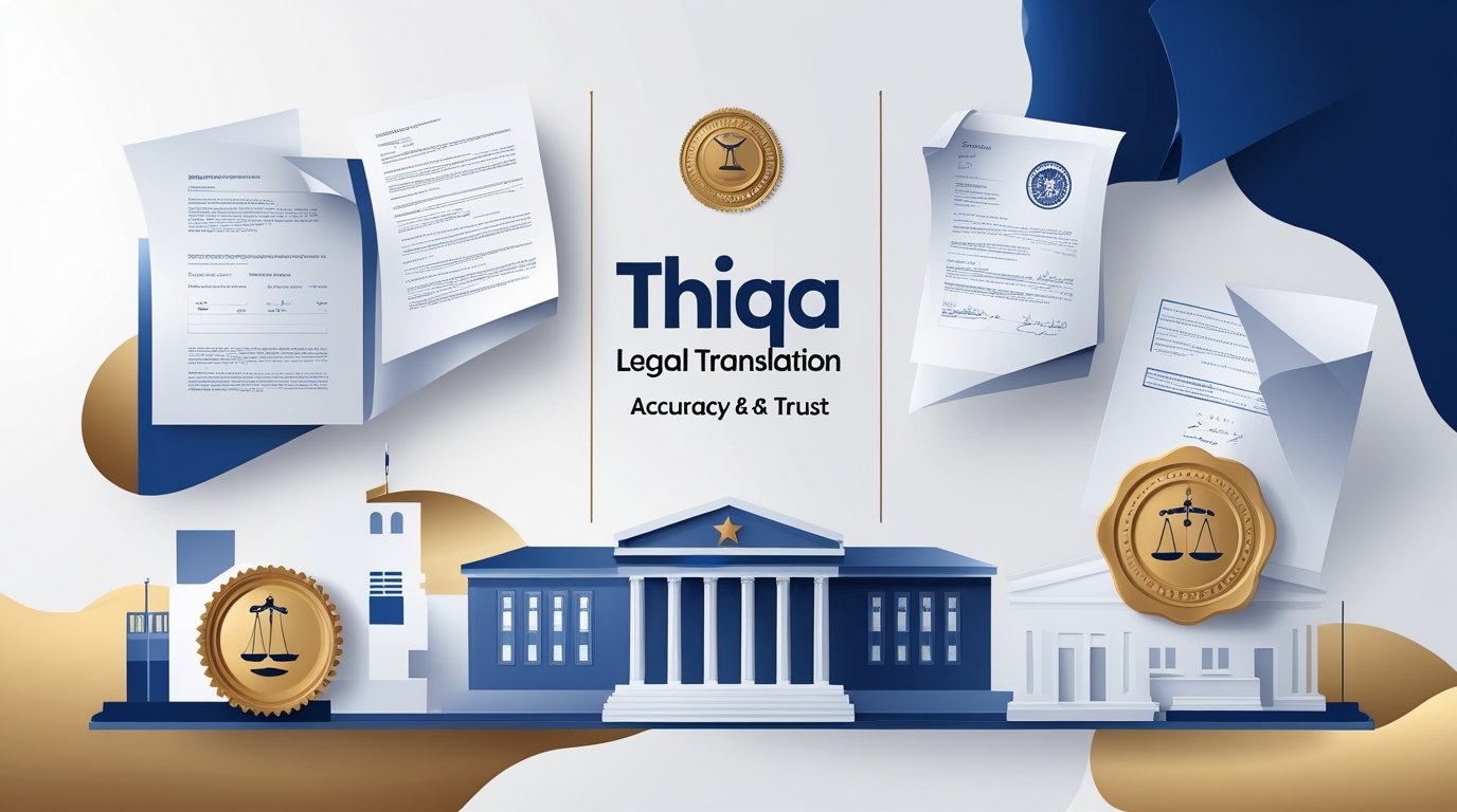 Professional background showing justice scales and official seals with thiqa legal translation text symbolizing trust in UAE services