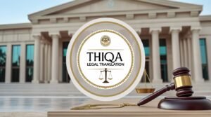 UAE translation office visuals with documents and courthouse icons featuring thiqa legal translation showing certified services near me