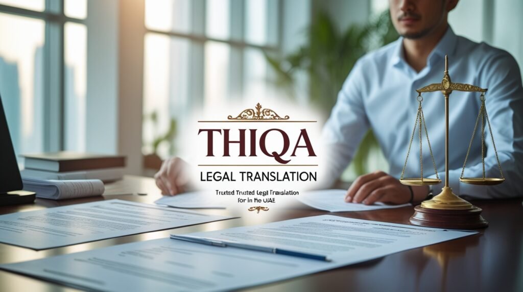 Professional workspace and elegant text thiqa legal translation symbolizing reliable legal translation for businesses in UAE