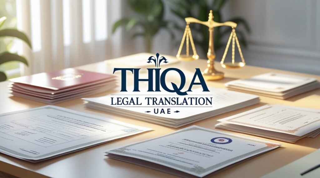 Professional UAE translation office desk with legal papers and justice scale featuring thiqa legal translation representing top translation agencies