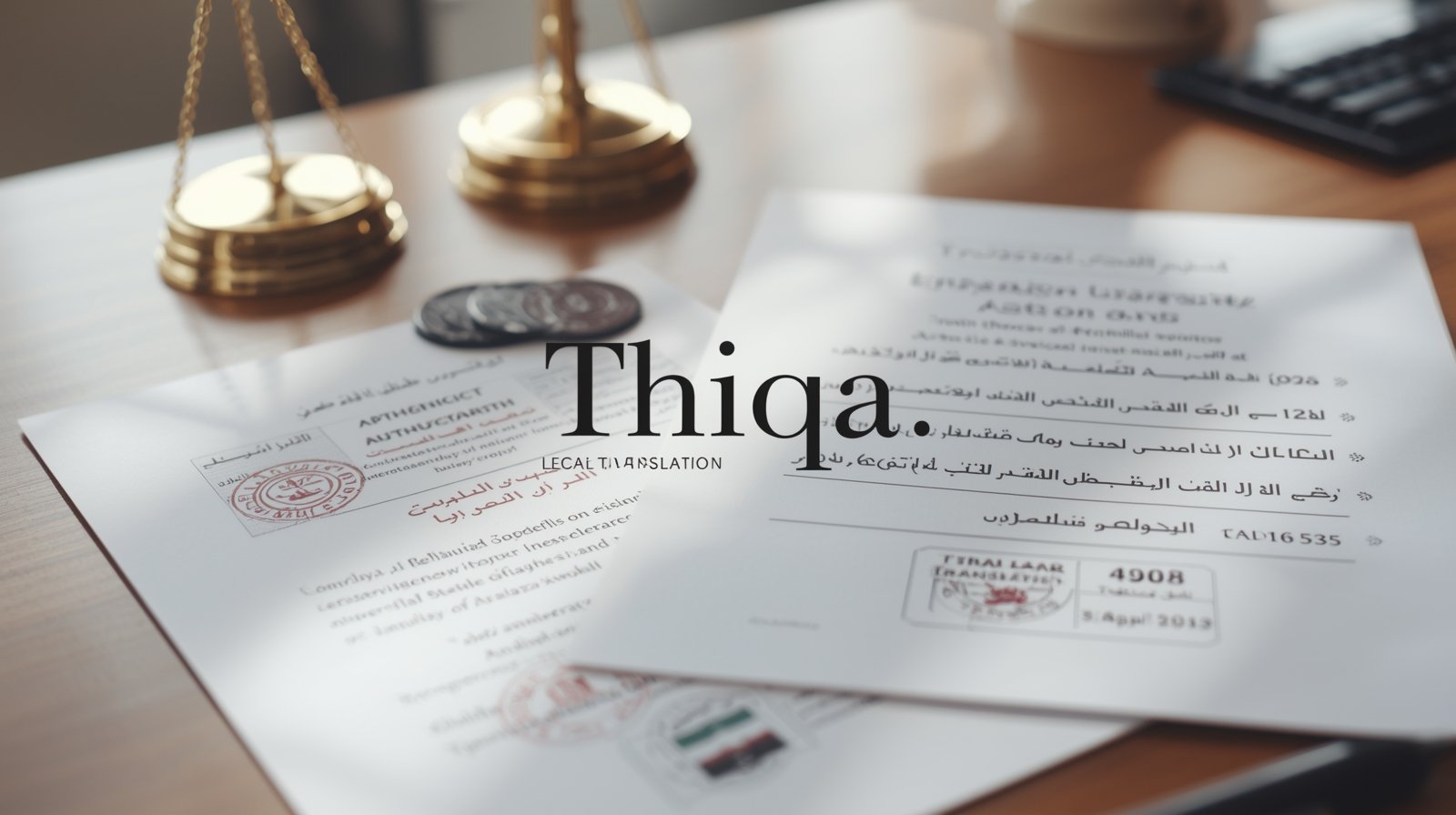 Professional scene with stamped legal papers and justice scale showing thiqa legal translation highlighting trusted apostille translation company in UAE 
