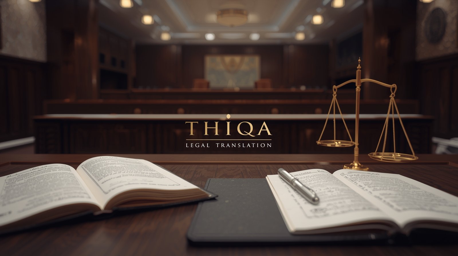 Professional courtroom scene with stamped Arabic-English papers and thiqa legal translation text symbolizing trusted legal translation for court proceedings in UAE