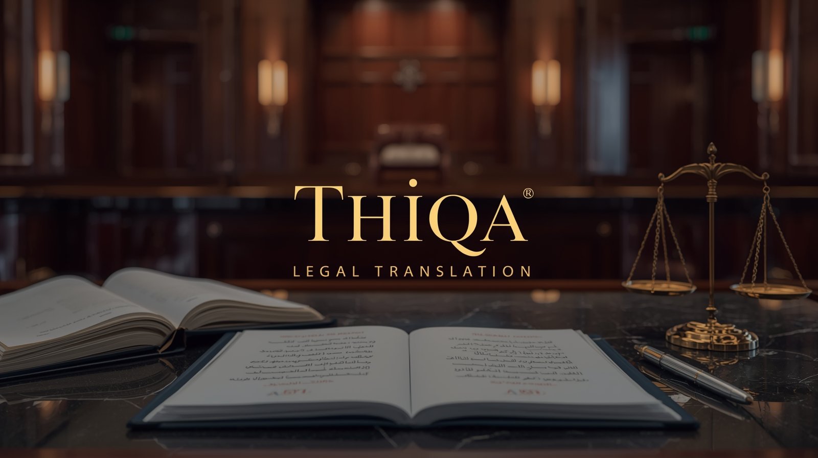 Professional courtroom scene with Arabic-English papers and thiqa legal translation text symbolizing trusted legal translation for court 