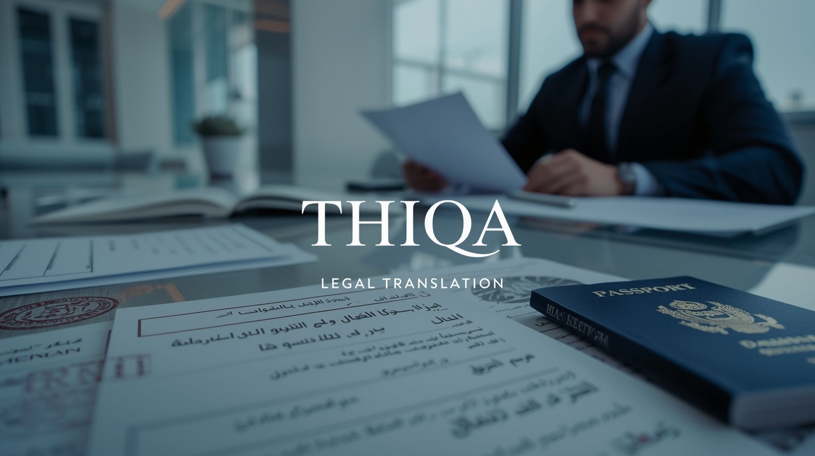 Professional workspace with Arabic-English papers and thiqa legal translation text symbolizing trusted legal translation for immigration services in UAE 