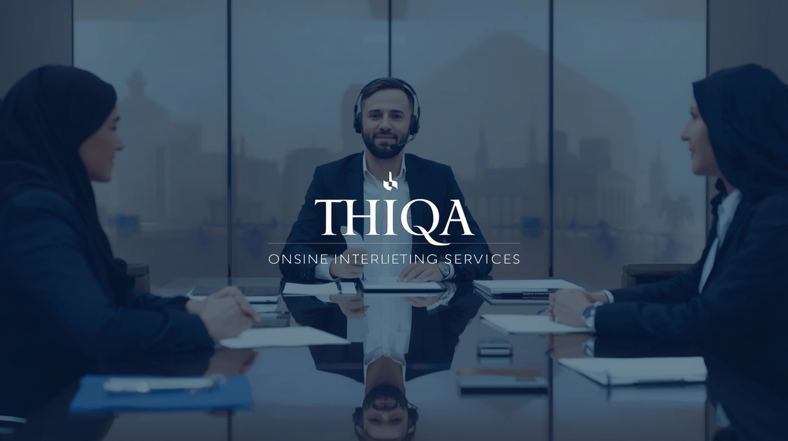 Lawyers and clients in a structured legal meeting assisted by an onsite interpreter showing thiqa onsite interpreting services ensuring clear legal communication in UAE 