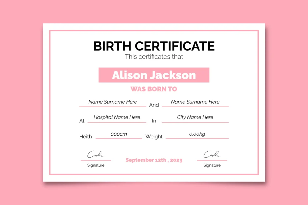 Birth certificate document with personal details